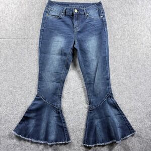 Blue Desire Womens Petite 5P Flare Jeans Dark‎ Wash Stretch Raw Hem Y2K Denim